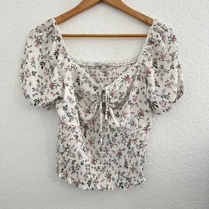 Papaya Blouse Womens M White Ditsy Floral Smocked Puff Sleeve Milkmaid Babydoll - Picture 1 of 8