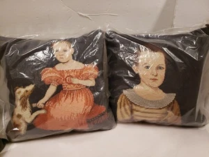 NEW Pair Vtg Wool Needlepoint Petit Point Pillows Victorian Children & Dog Prim - Picture 1 of 5