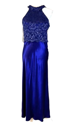 Vestido Steppin' Out Azul Marino Púrpura Encaje Talla 9/10 Halter Formal Satinado Maxi EE. UU. Foto 1 de 4