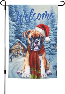 Boxer Perro Feliz Navidad Nieve Jardín Bandera Bienvenida Fiesta Exterior Exterior Decoración Foto 1 de 4