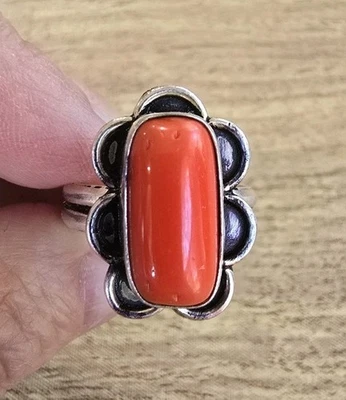 Vintage Navajo Sterling Silver Coral Ring Sz 10 Southwestern Native American - Image 1 of 4