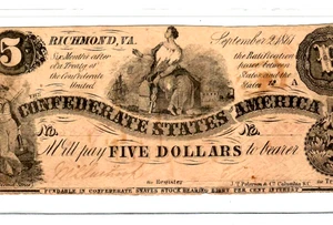 $5 "CONFEDERATE" (1800S) $5 "CONFEDERATE" (RICHMOND) $5 "CONFEDERATE" NICE!! - Picture 1 of 3