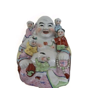 Vintage Asian Porcelain Laughing Buddha With Children Good luck - 11"H x 9.5"W - Bild 1 von 3