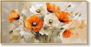 Großes florales Wandbild für Wohnzimmer, gold gerahmt orange weiß Blume Leinwand Pa - Bild 1 von 2