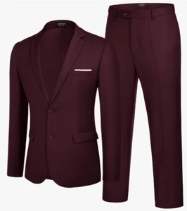 Coofandy Mens Suit Slim Fit Burgundy M 40R 34W Notch Lapel 2 Button - Picture 1 of 3