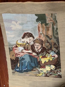Completed Cross stitch picture, 2 women picking flowers - Rare Unframed 53/65cm - Picture 1 of 9