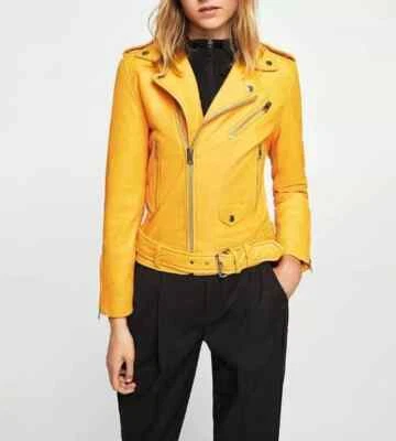 Real Lambskin Leather Jacket Motorcycle Biker Stylish Yellow Women's Handmade Foto 1 de 4