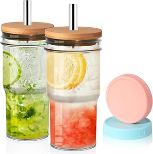 Glass Cups with 4 Lids and 2 Straws, 2 Pcs 20 Oz, Wide Mouth Drinking Jars for B - Picture 1 of 9
