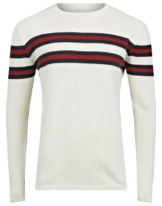 Mens Cream with Navy/Red Strip Thin Tight Knit Jumper Size Small BNWT RRP £28 - Picture 1 of 4