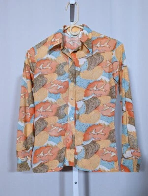 Vintage 70s Trippy Abstract Bird Tiger Multicolor Print Disco Mod Shirt Stretch - Image 1 of 4