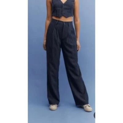 Mujer Y2K Plisado Pierna Ancha Informal Streetwear Talla Pequeña Azul Marino Pantalones a Rayas Foto 1 de 4