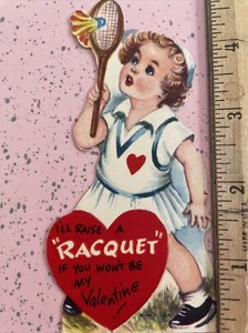 Vtg Valentines Day Card 1940s Badminton Girl White Skirt Tennis outfit Diecut - Picture 1 of 3