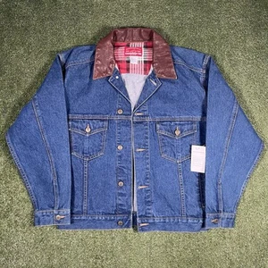 VTG DEADSTOCK Marlboro Country Store Denim Trucker Jacket Leather Collar Men's S - Picture 1 of 7