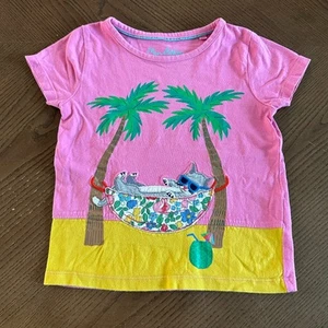 Mini Boden Girls Top 3-4Y Pink T Shirt Top Short Sleeve Cat Palm Tree Hammock - Picture 1 of 7