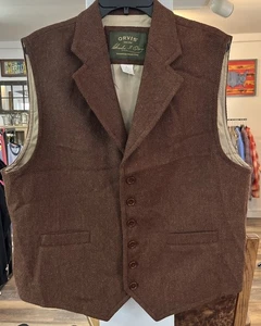 ORVIS 100% Wool Herringbone Tweed Vest Button Belted Western Waistcoat Men's L - Picture 1 of 4