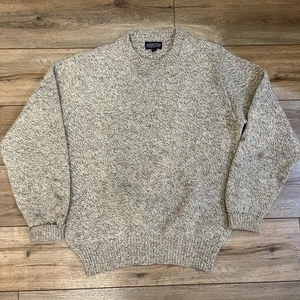 Vintage Lands End Oatmeal Beige Wool Blend Knit Fisherman Crewneck Sweater Sz L - Picture 1 of 6