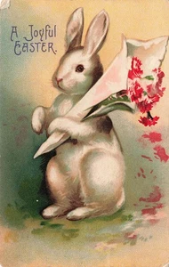 VINTAGE EASTER POSTCARD BUNNY BRINGING FLOWERS 1912 EMBOSSED POSTCARD 082825 U - Picture 1 of 2