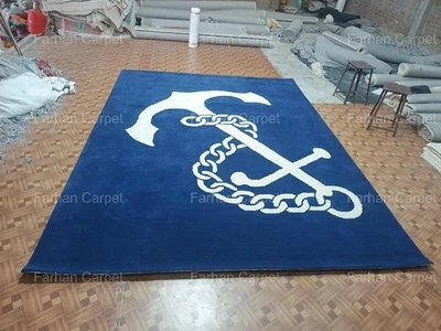 Modern - Nautical Design Hand Tufted- Wool Area Rug – Blue & White Anchor Chain. - Image 1 of 4