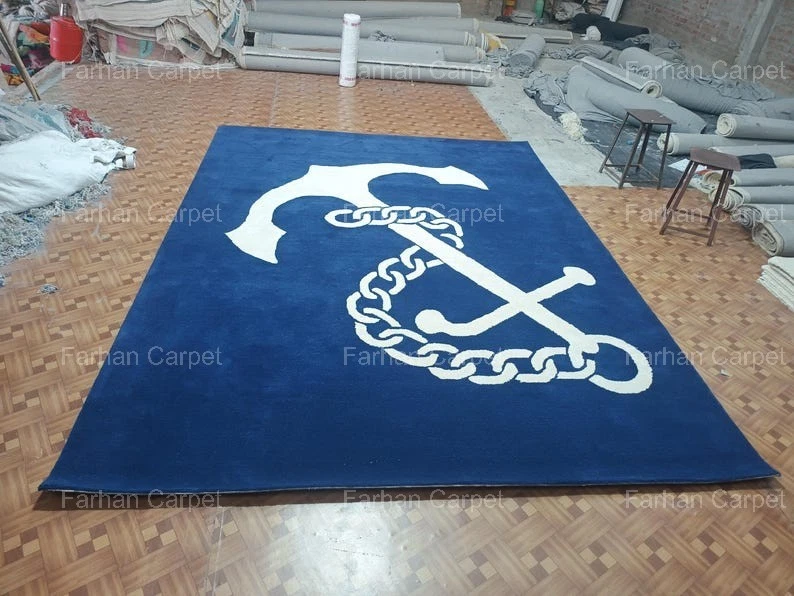 Modern - Nautical Design Hand Tufted- Wool Area Rug – Blue & White Anchor Chain. - Image 1 of 4