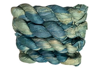 100g Recycled Sari Silk Ribbon Yarn Sea Ocean shades - Picture 1 of 8