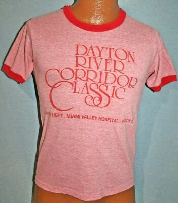 CAMISETA VINTAGE AÑOS 70 DAYTON RIVER CORREDOR MARATHON Tri Mezcla Rayón Timbre Ohio  Foto 1 de 3