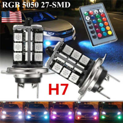 2X Car H7 RGB + telecontrol LED Fog DRL Driving Light Lamp Bulbs 27SMD Bright - Image 1 of 4