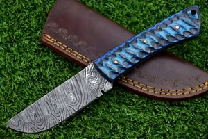 Damascus steel forged handle scale skinning knife with Leather sheath -2109 - Picture 1 of 8