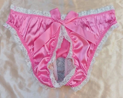 Open Split Bottom Womans Pink Frilly Satin Panties Knickers Sissy CD TV M 10-12 - Image 1 of 4
