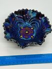 VTG Imperial, EMBOSSED SCROLL Peacock PURPLE RUFFLED BOWL, ELECTRIC IRIDESCENCE