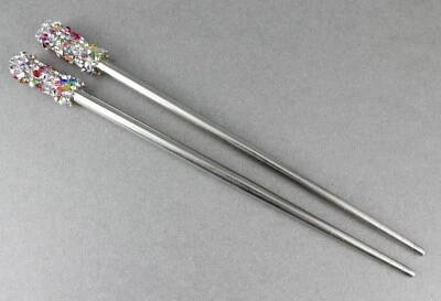 Silver crystal set 2 hair chop sticks accessory picks pins 7 1/8" long - Image 1 of 4