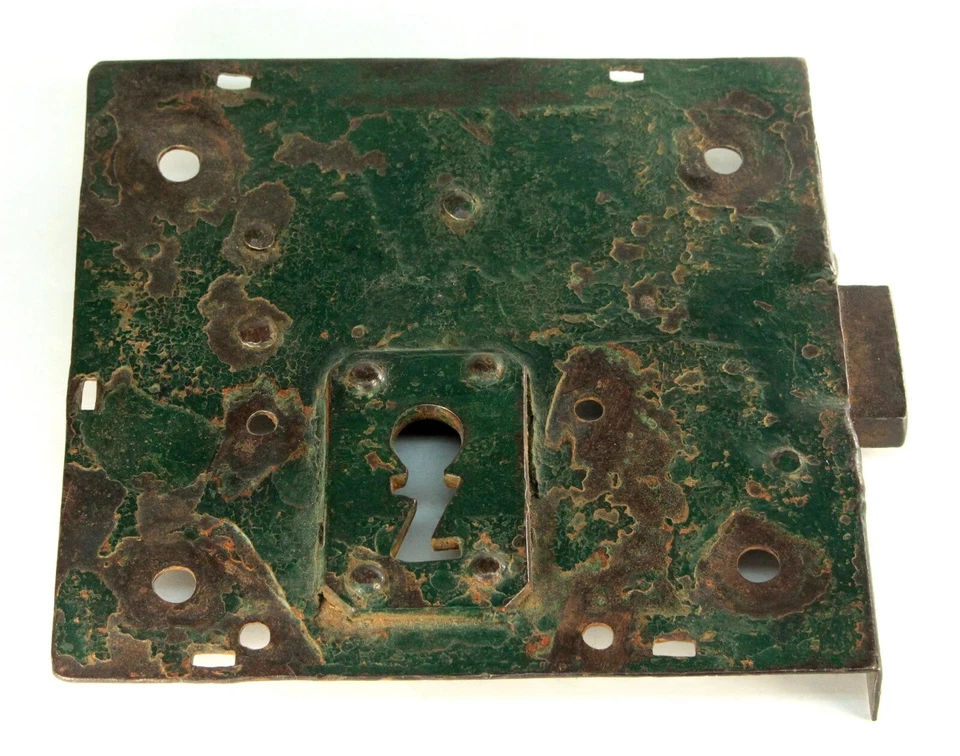 ~ Antiguo castillo grande de hierro forjado a mano cerradura de puerta y pestillo siglo XVII pintura original Foto 1 de 4