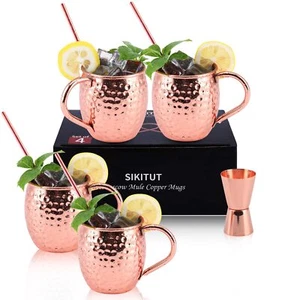 Copper Moscow Mule Mugs Set HANDCRAFTED 18 oz 4 Straws 1 Jigger 4 Pack - Picture 1 of 6
