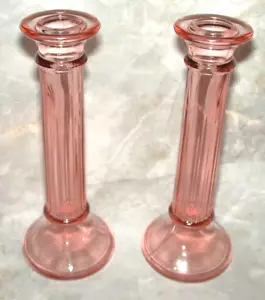 VINTAGE Pink Depression Glass 8" Pair Candlestick Holders Bud vase Indiana Glass - Picture 1 of 3