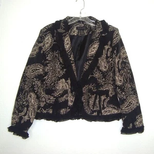 Silk Land Gold Paisley Black Silk Crepe Ruffled Edge Blazer Size L - Picture 1 of 12