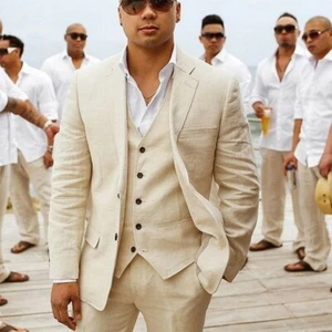 Beige Men Linen Suit Summer Beach Casual Party Prom Groom Tuxedo Wedding Suits - Picture 1 of 9