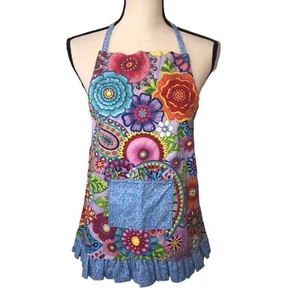 Full Apron Girls Handmade Ruffle Pocket Whimsical Floral Print Multicolor Ties - Picture 1 of 6