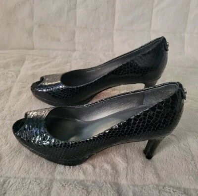 Stuart Weitzman Women size 9M open toe heels Snakeskin Design Black Shoes Dress  - Image 1 of 4