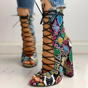 Women's High Block Heels Sandals Lace Up Strappy Peep Toe Ankle Boots Snake Shoe - Picture 1 of 9