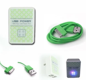 4 USB PORT POWER ADAPTER+3FT CABLE CHARGER DATA GREEN FOR IPHONE IPOD TOUCH IPAD - Photo 1/1