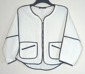 Karen Millen 10 3/4 Sleeve Cotton Crop White Navy Nautical Summer Blazer Jacket - Picture 1 of 6