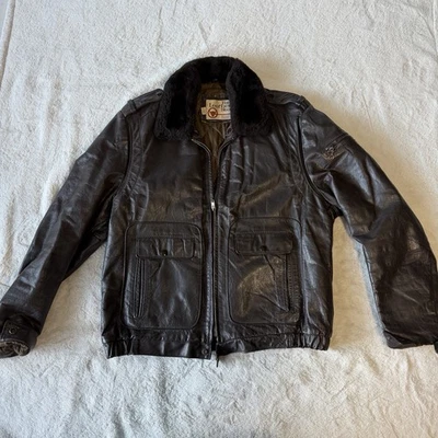 Vtg Sears The Leather Shop Mens Leather Bomber Jacket Faux Fur Collar 42 Tall - Image 1 of 4