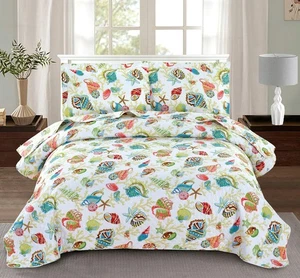 3-Piece Colorful Seashell Lightweight Quilt Set,Beach Themed Cottage Reversib... - Picture 1 of 7