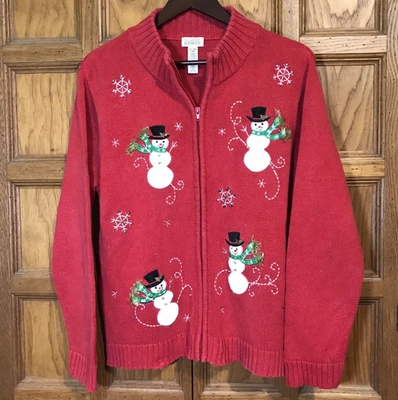 Suéter Muñeco de Nieve Navidad Elements Clásico Para Mujer XL Rojo Ramie Algodón Cremallera Completa Foto 1 de 4