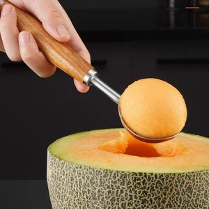 Wooden Handle Cookie Scoop Stainless Steel Ice Cream Spoon Ball Digger Home - Picture 1 of 9