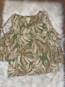 Chicos size 1  Top Open Shoulders floral ,3/4 Sleeves V Neck Tropical Print - Picture 1 of 6
