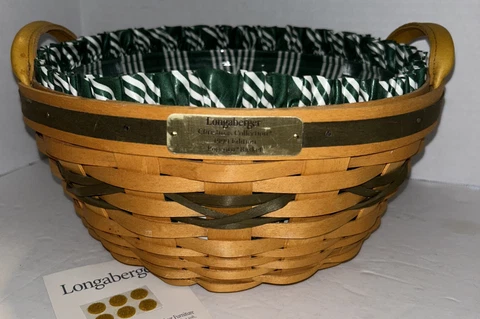 Longaberger Handwoven Round 1999 Christmas Popcorn Basket Green Liner/Protector Cover