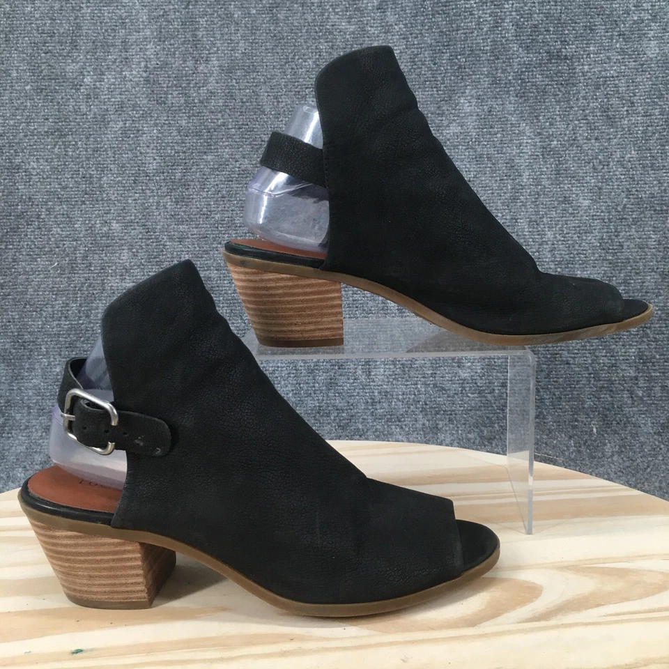 Lucky Brand Sandals Womens 8.5 B Slingback Peep Toe Block Heels Black Leather - Image 1 of 4