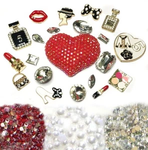 DIY AB Jelly Red Heart Bling Bling Flatback Cabochons Cell Phone Case Deco Kit - Picture 1 of 1