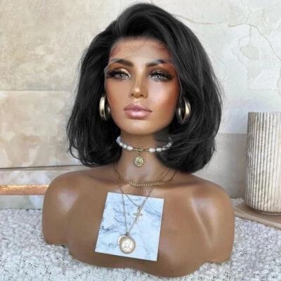 Парики предварительно выщипанные черные Bob прямые 180% плотность человеческие волосы кружевные спереди - Изображение 1 из 4