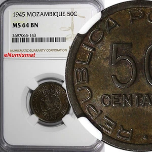 Mozambique Portuguese Bronze 1945 50 Centavos NGC MS64 BN 1 YEAR TYPE KM# 73(43) - Picture 1 of 4